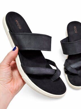 Ecco Black Leather Slide Sandals with White Sole